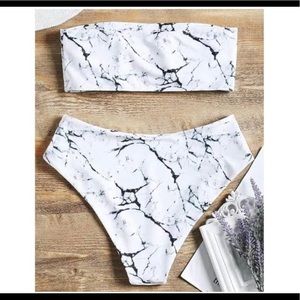 High waisted white and black marble pattern bikini